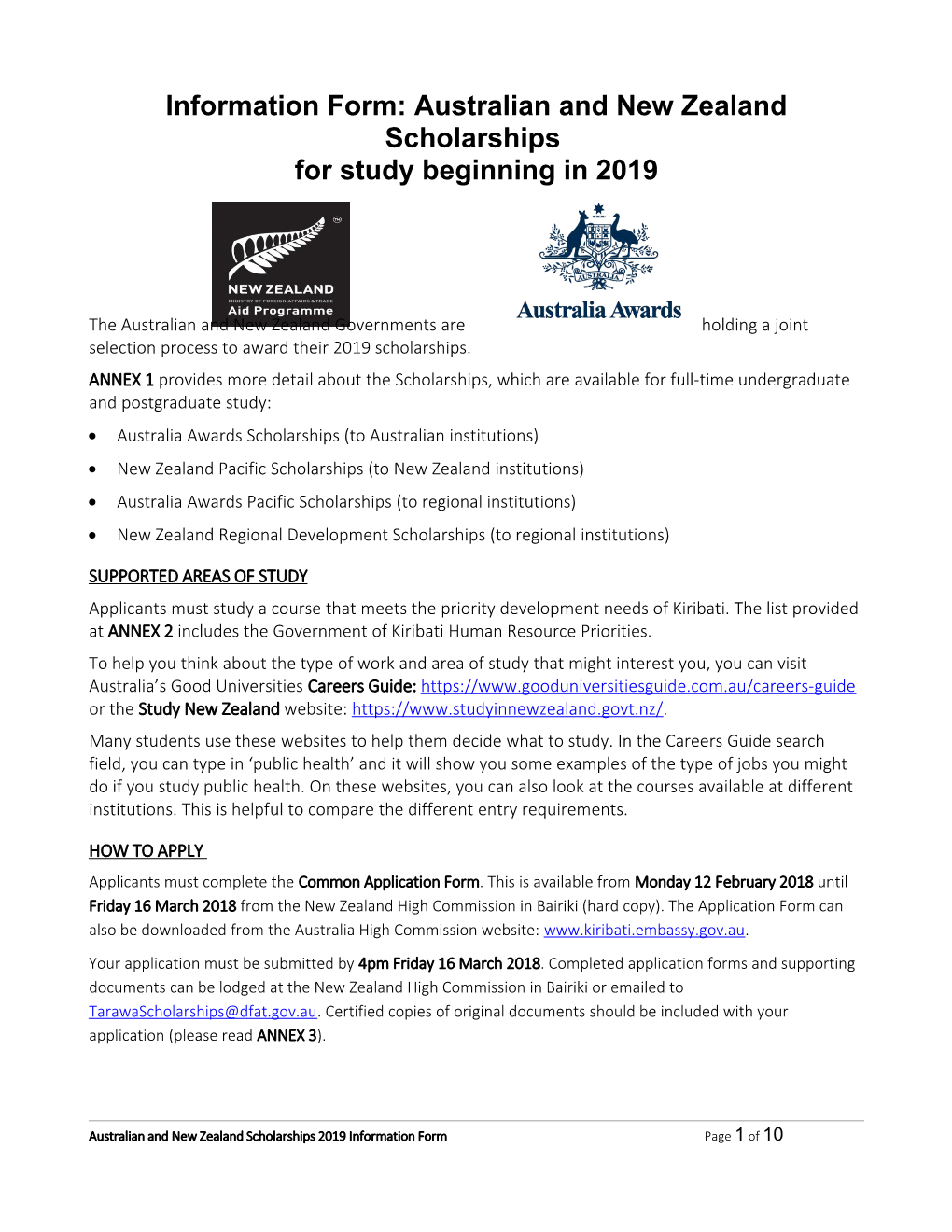 Information Form:Australian and New Zealand Scholarships