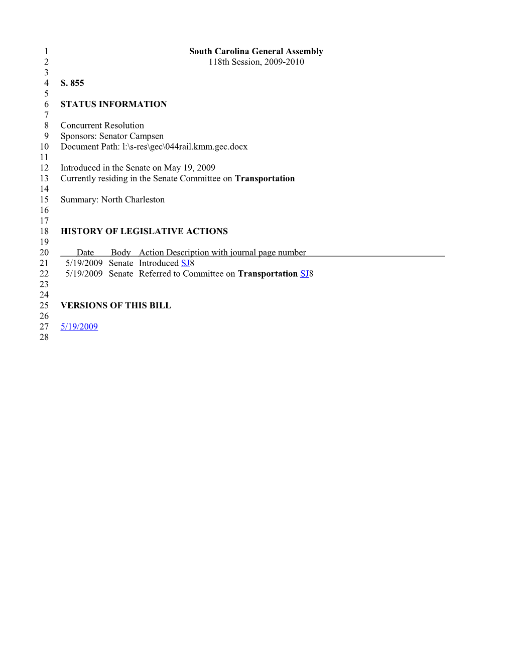 2009-2010 Bill 855: North Charleston - South Carolina Legislature Online