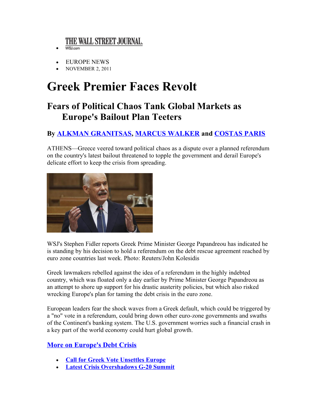 Greek Premier Faces Revolt