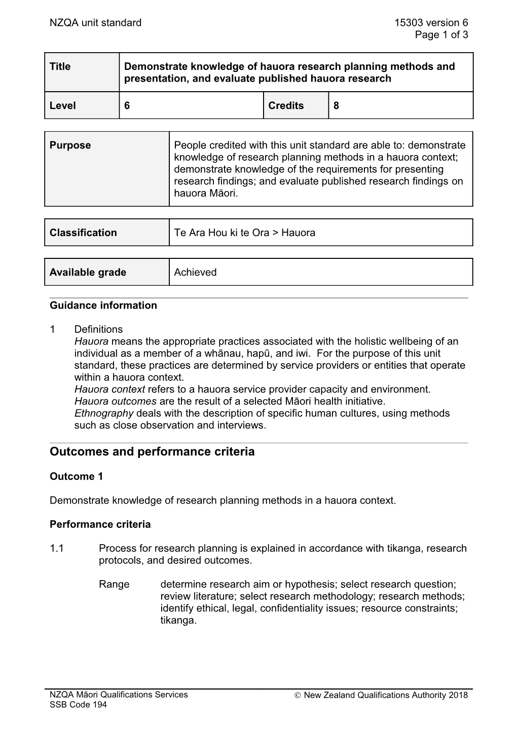 15303 Demonstrate Knowledge of Hauora Research Planning Methods and Presentation, and Evaluate