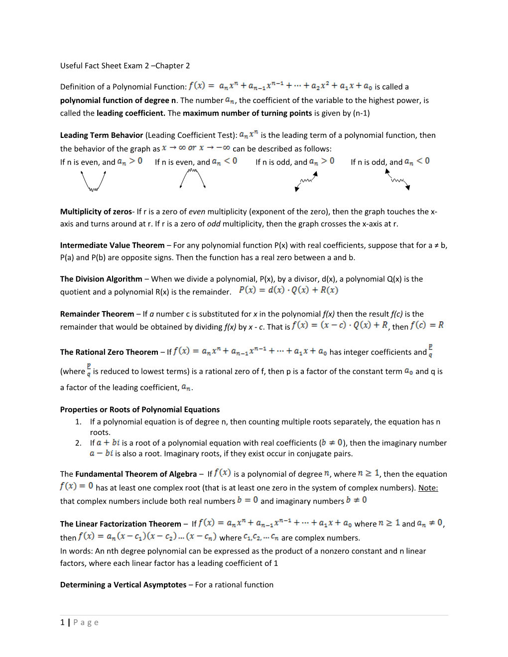 Useful Fact Sheet Exam 2 Chapter 2