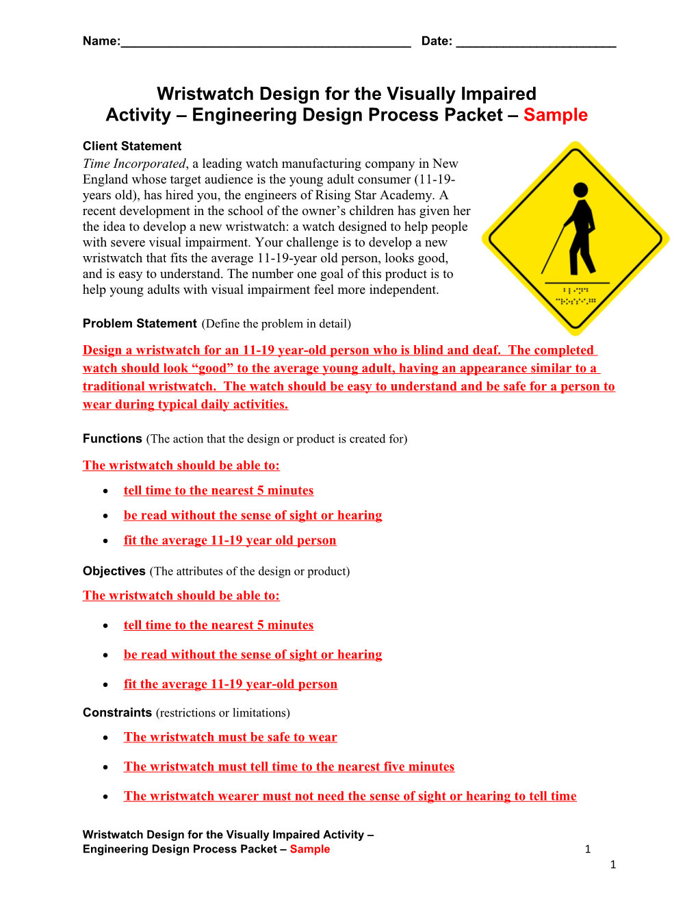Wristwatch Design for the Visually Impaired Activity Engineering Design Process Packet Sample