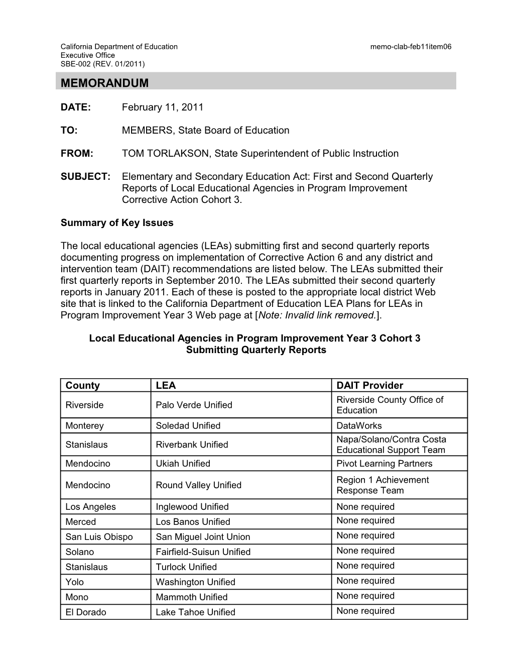 February 2011 Memorandum DSID Item 6 - Information Memorandum (CA State Board of Education)