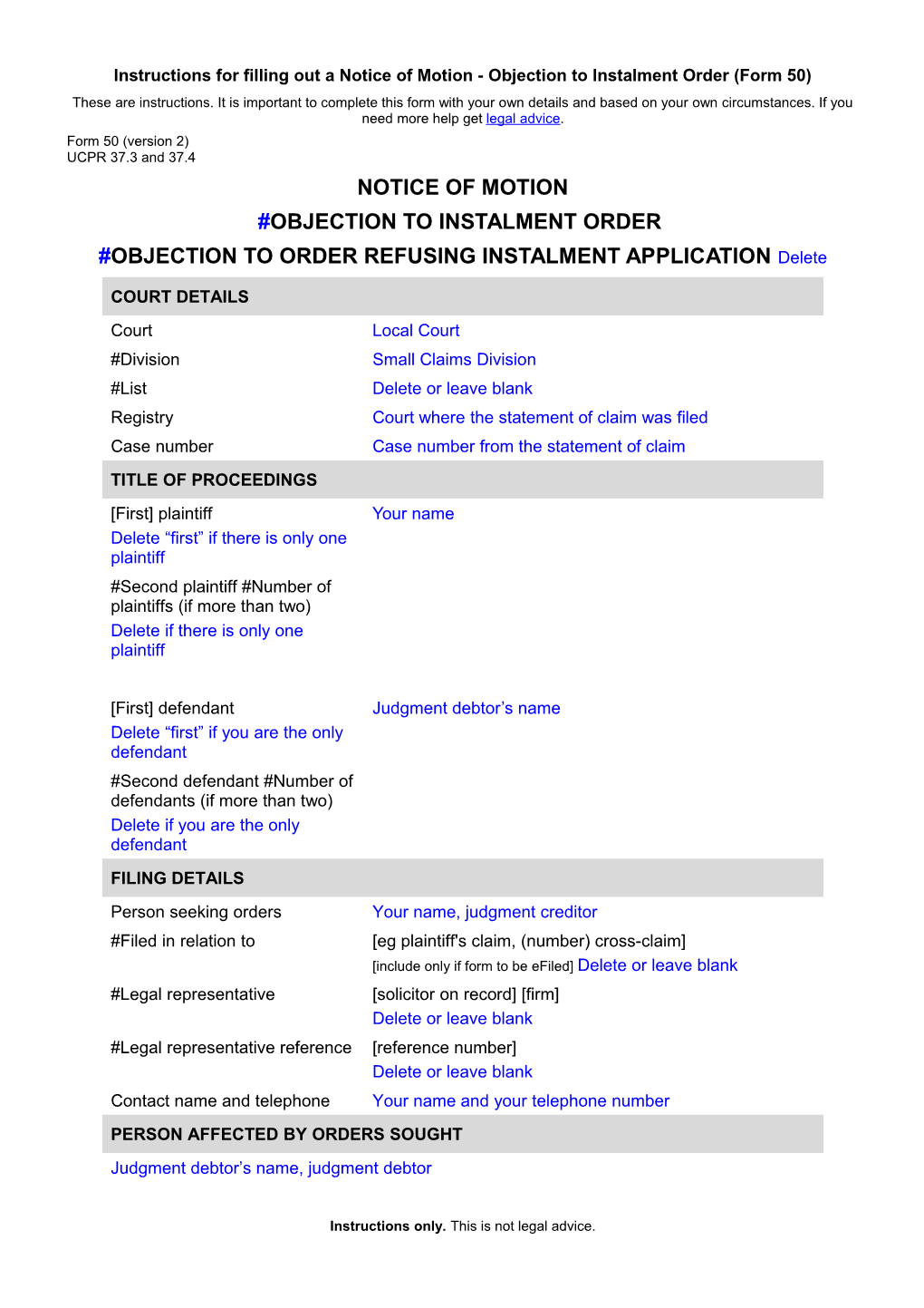 NSW UCPR Form 50 - Notice of Motion Objection to Instalment Order Or Order Refusing Instalment