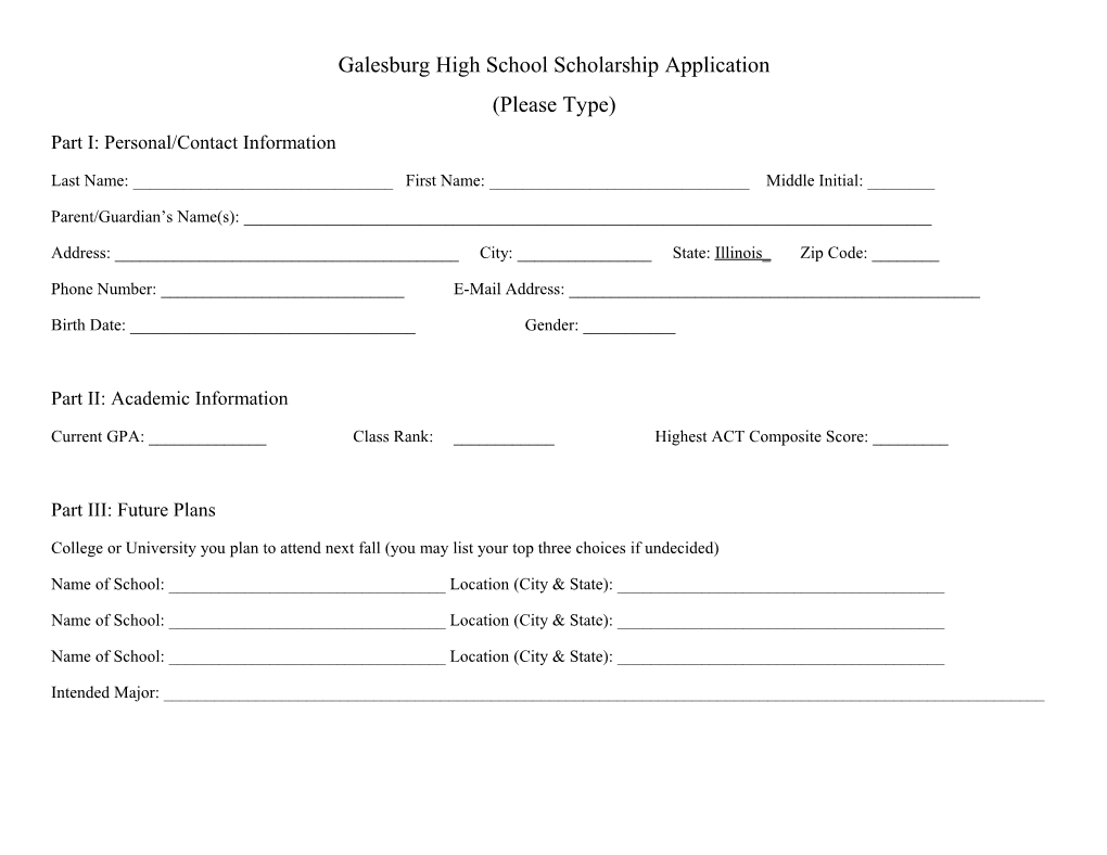 Galesburg High School Scholarship Application