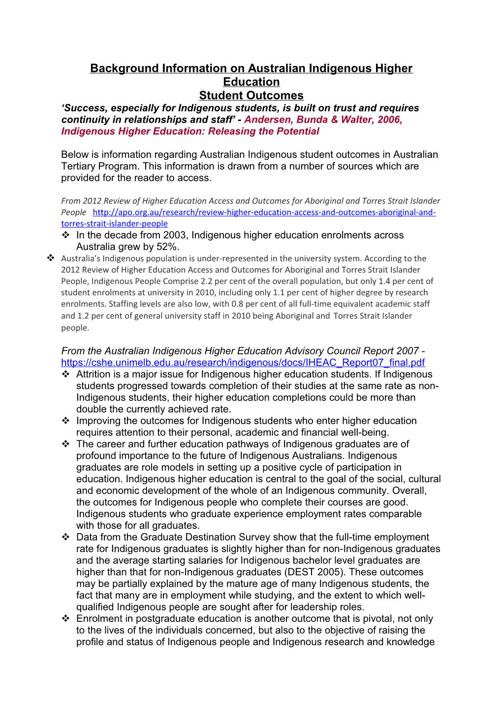 Background Information on Australian Indigenous Higher Education