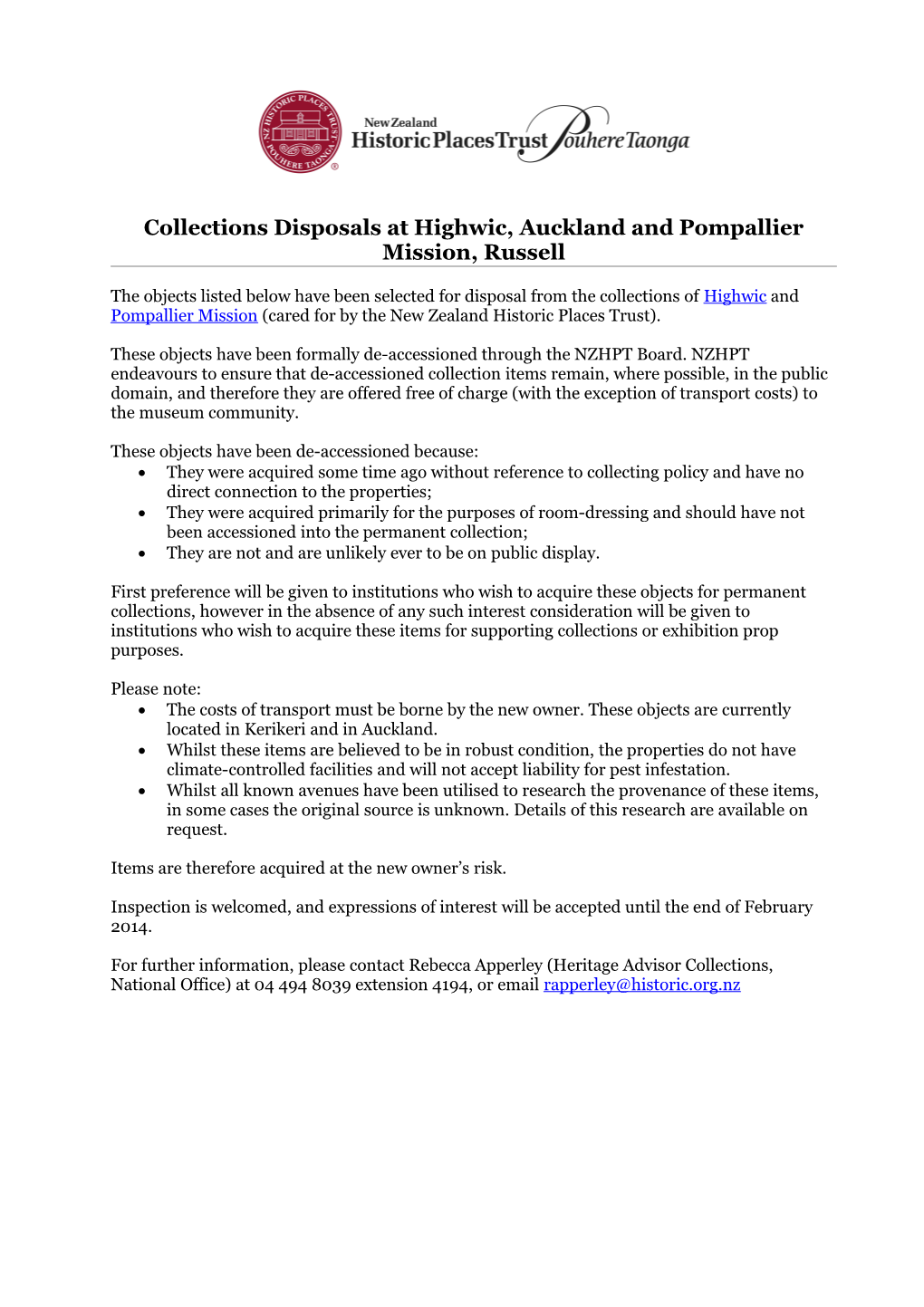 Collections Disposals at Highwic, Auckland and Pompallier Mission, Russell