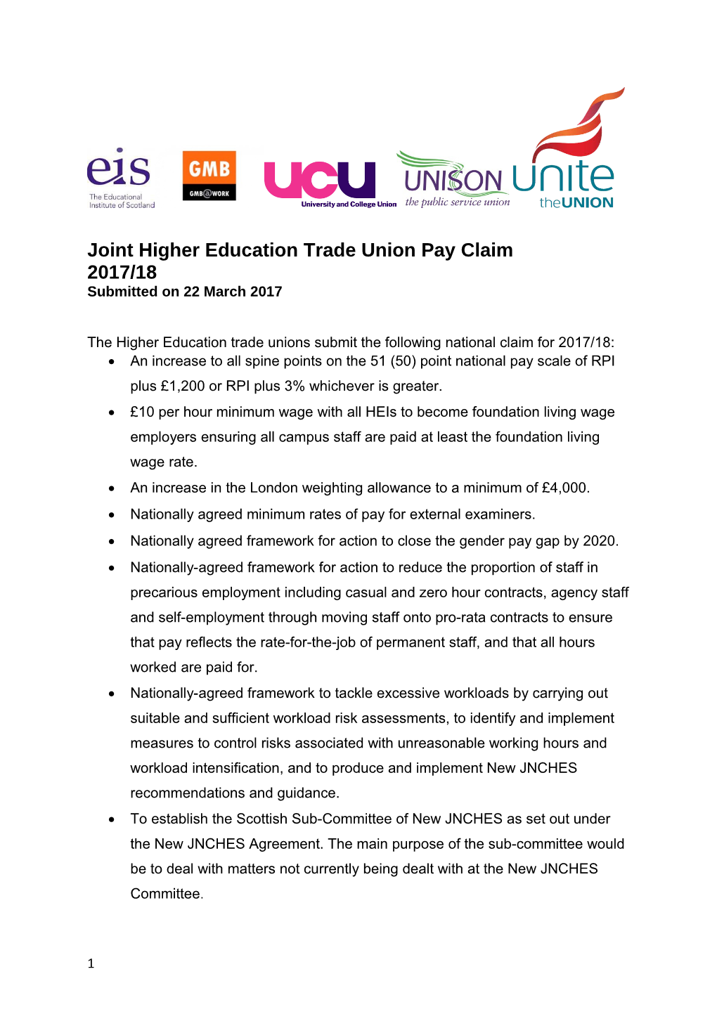 Joint Higher Education Trade Union Pay Claim