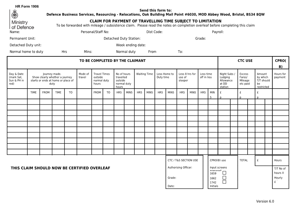 HR Form 1906: Claim for Payment of Travelling Time Subject to Limitation