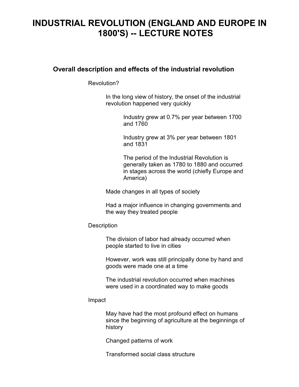 Industrial Revolution (England and Europe in 1800'S) Lecture Notes