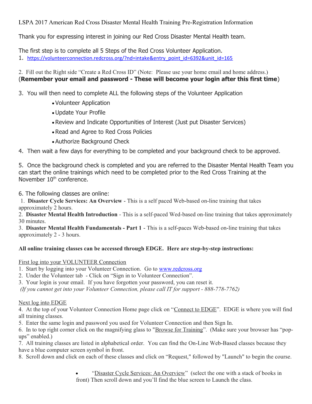 LSPA 2017 American Red Cross Disaster Mental Health Training Pre-Registration Information