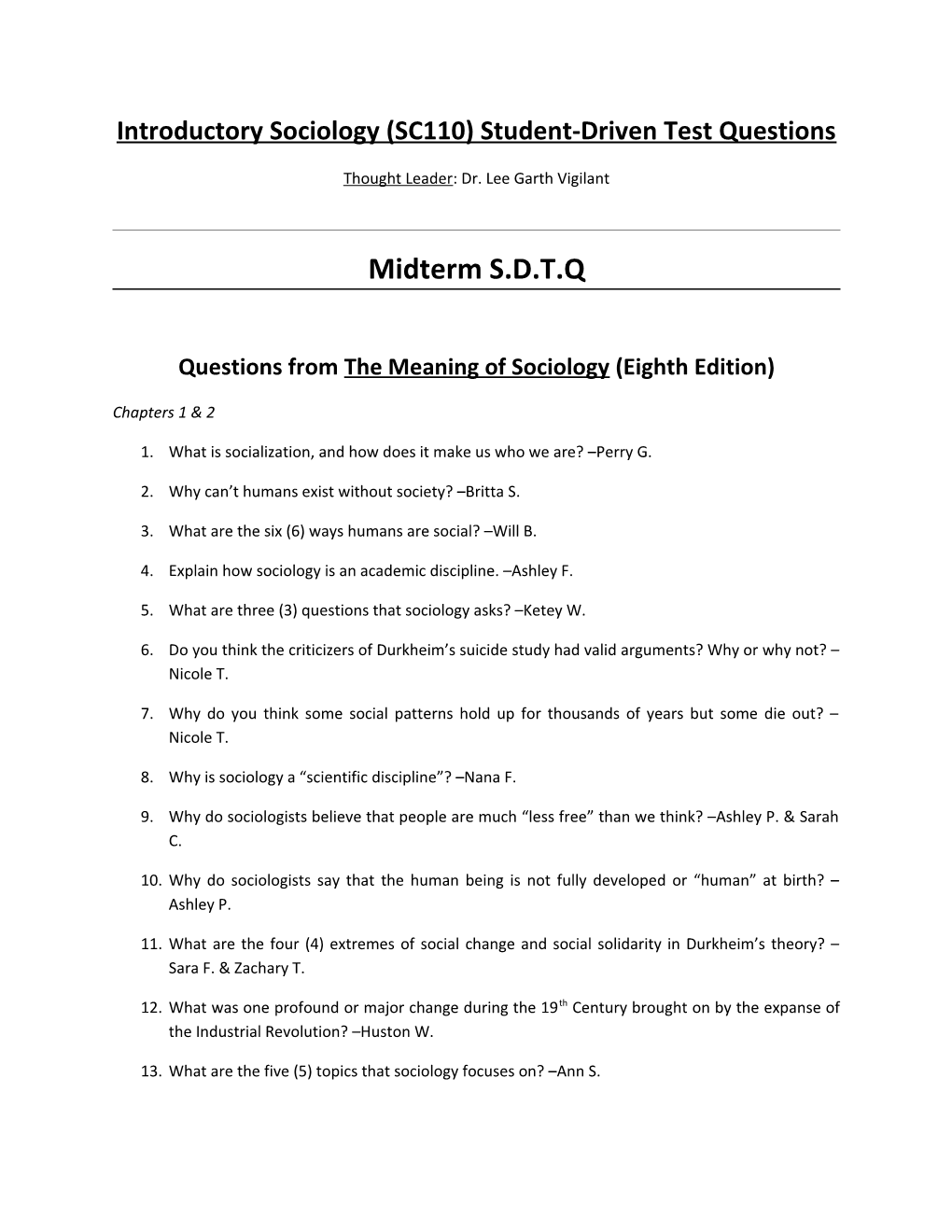 Introductory Sociology (SC110) Student-Driven Test Questions
