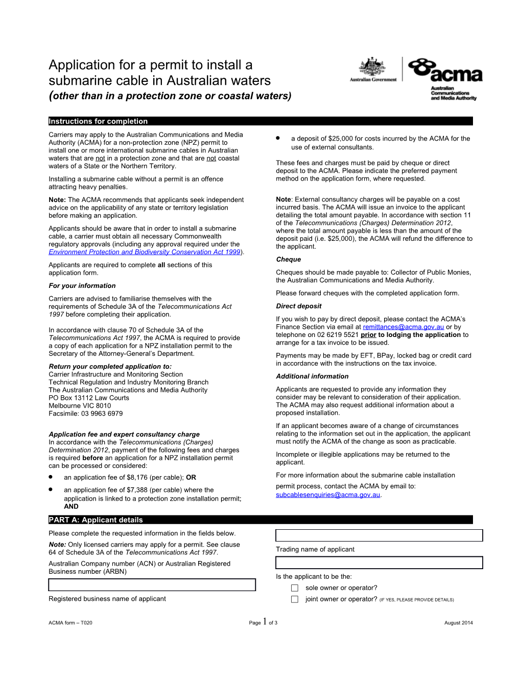 T020 - Application for a Permit to Install a Submarine Cable in Australian Waters