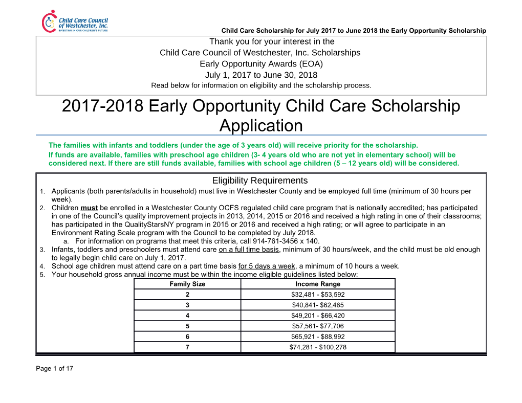 2017-2018 Early Opportunity Child Care Scholarship Application