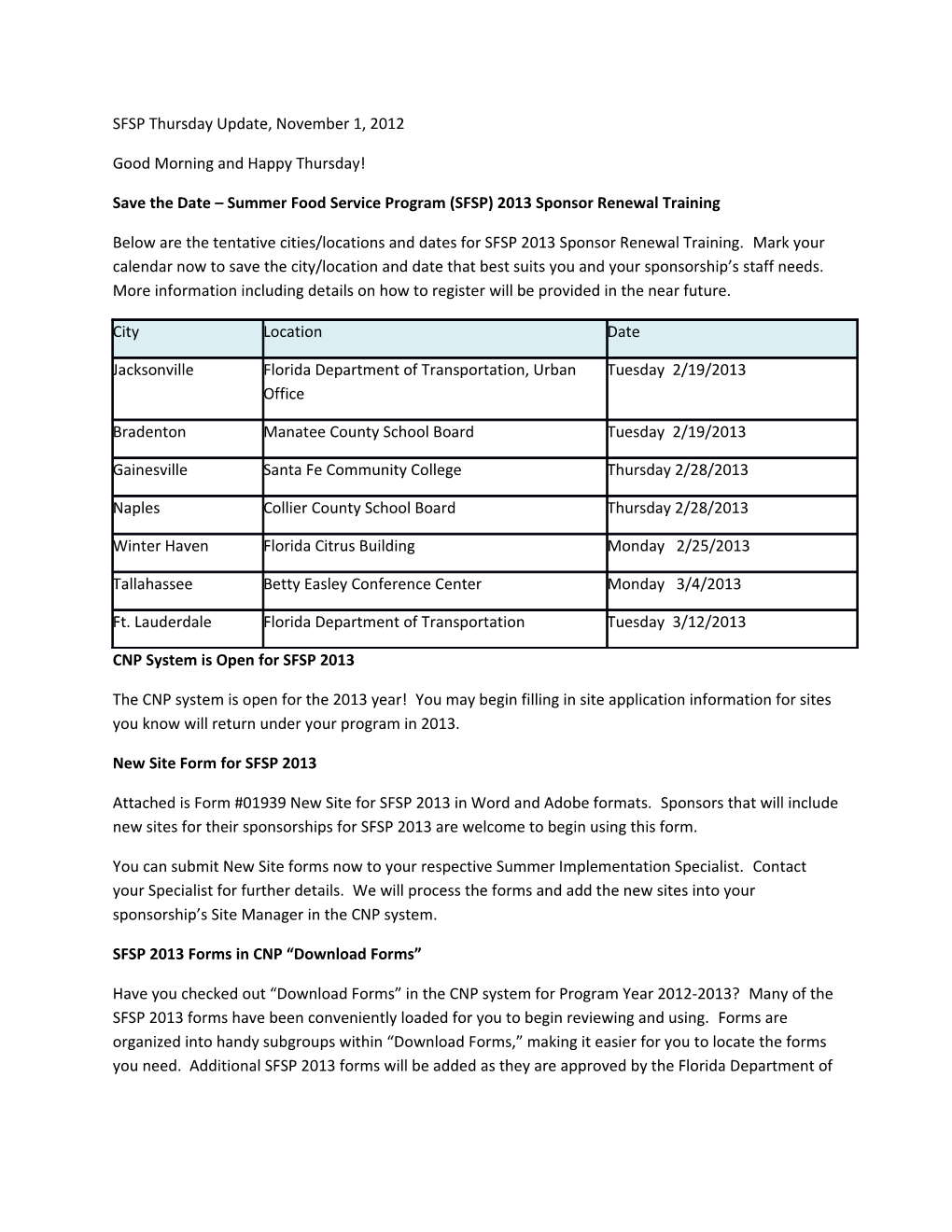 Save the Date Summer Food Service Program (SFSP) 2013 Sponsor Renewal Training