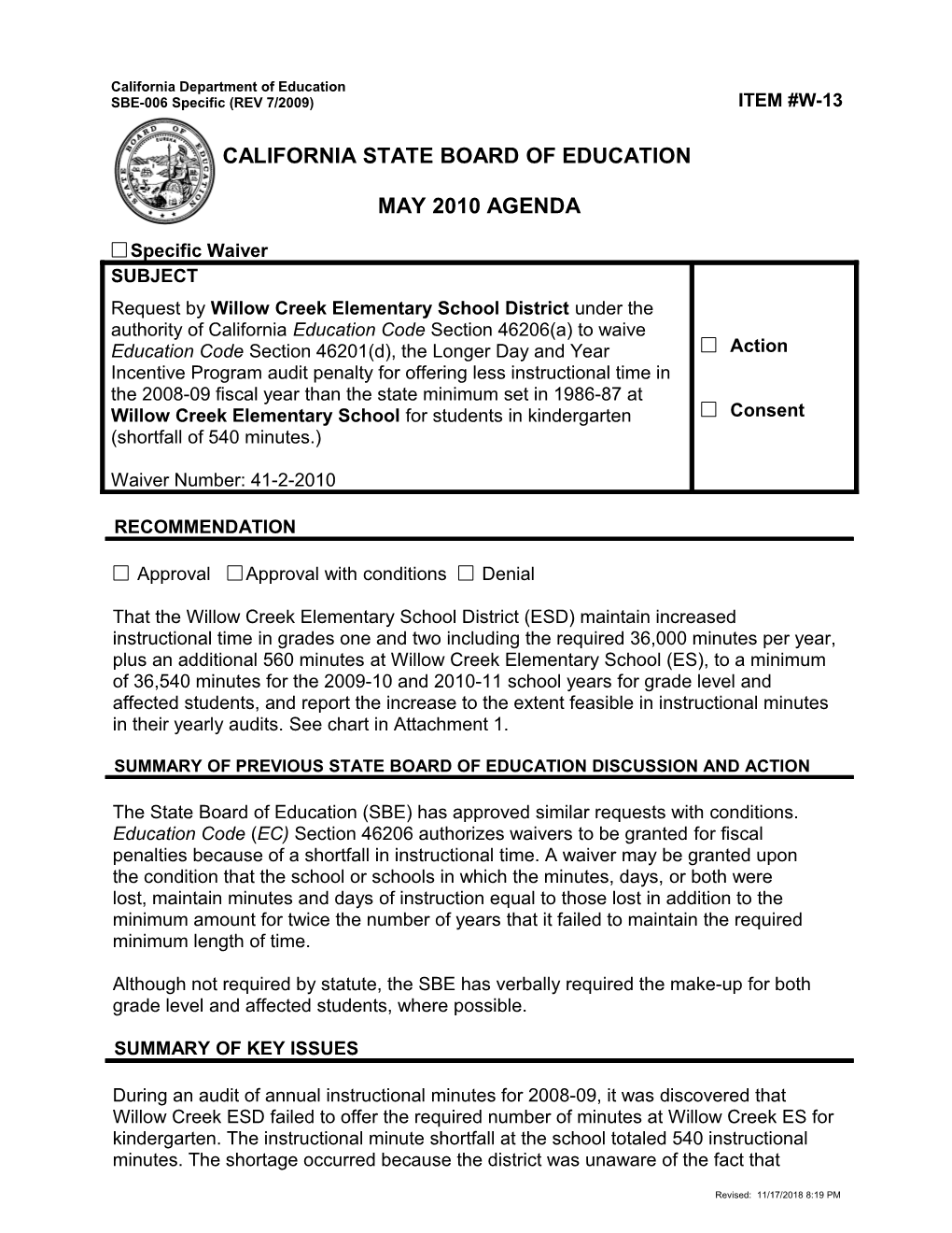 May 2010 Waiver Item W13 - Meeting Agendas (CA State Board of Education)