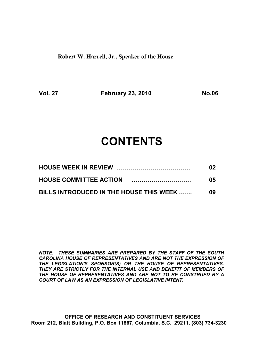 Legislative Update - Vol. 27 No.06 February 23, 2010 - South Carolina Legislature Online