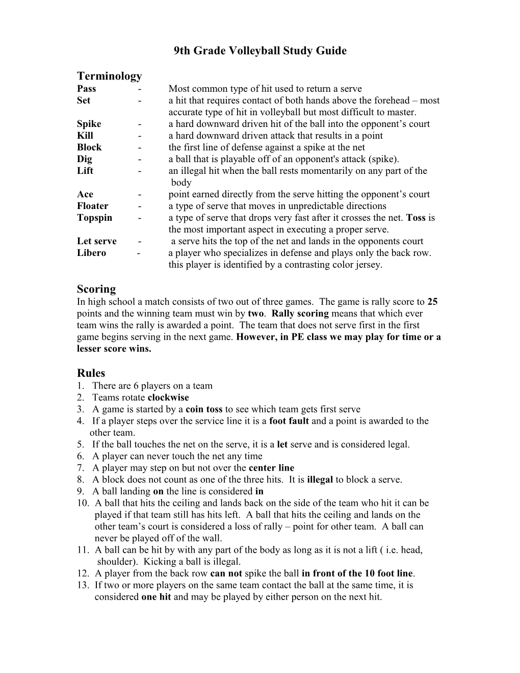 9Th Grade Volleyball Study Guide
