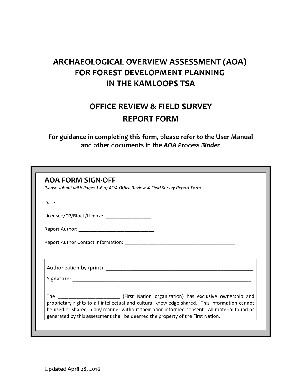 Archaeological Overview Assessment (Aoa)