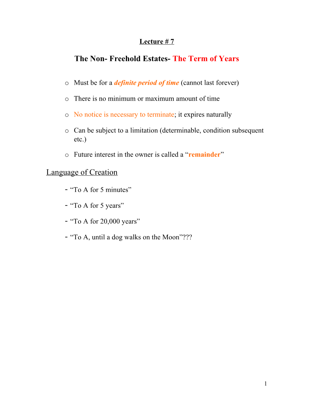 The Non- Freehold Estates- the Term of Years