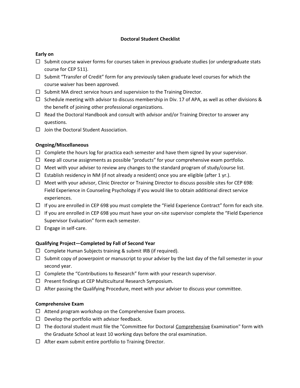Doctoral Student Checklist