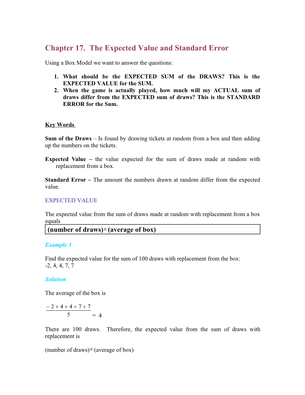 Chapter 17. the Expected Value and Standard Error