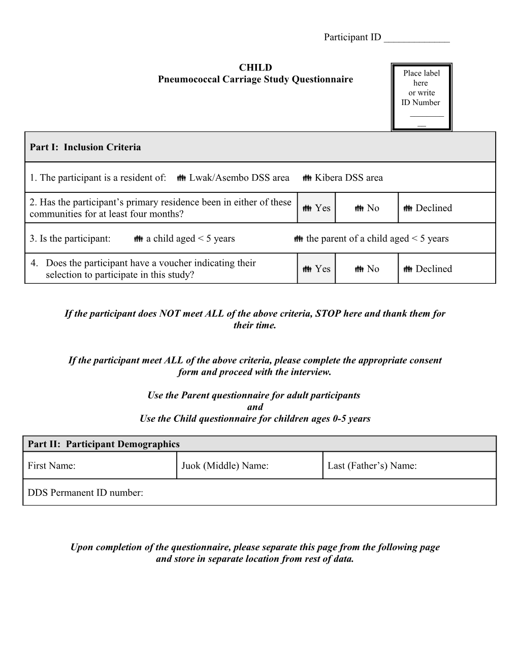 Pneumococcal Carriage Study Questionnaire