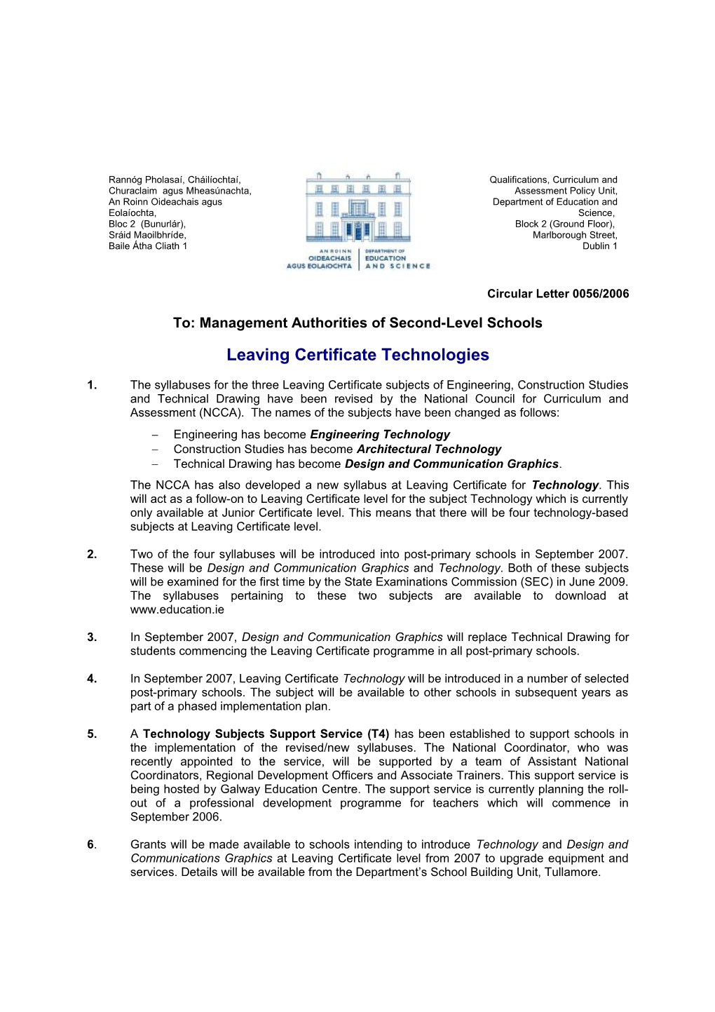 Circular 0056/2006 - Leaving Certificate Technologies (File Format 40KB)