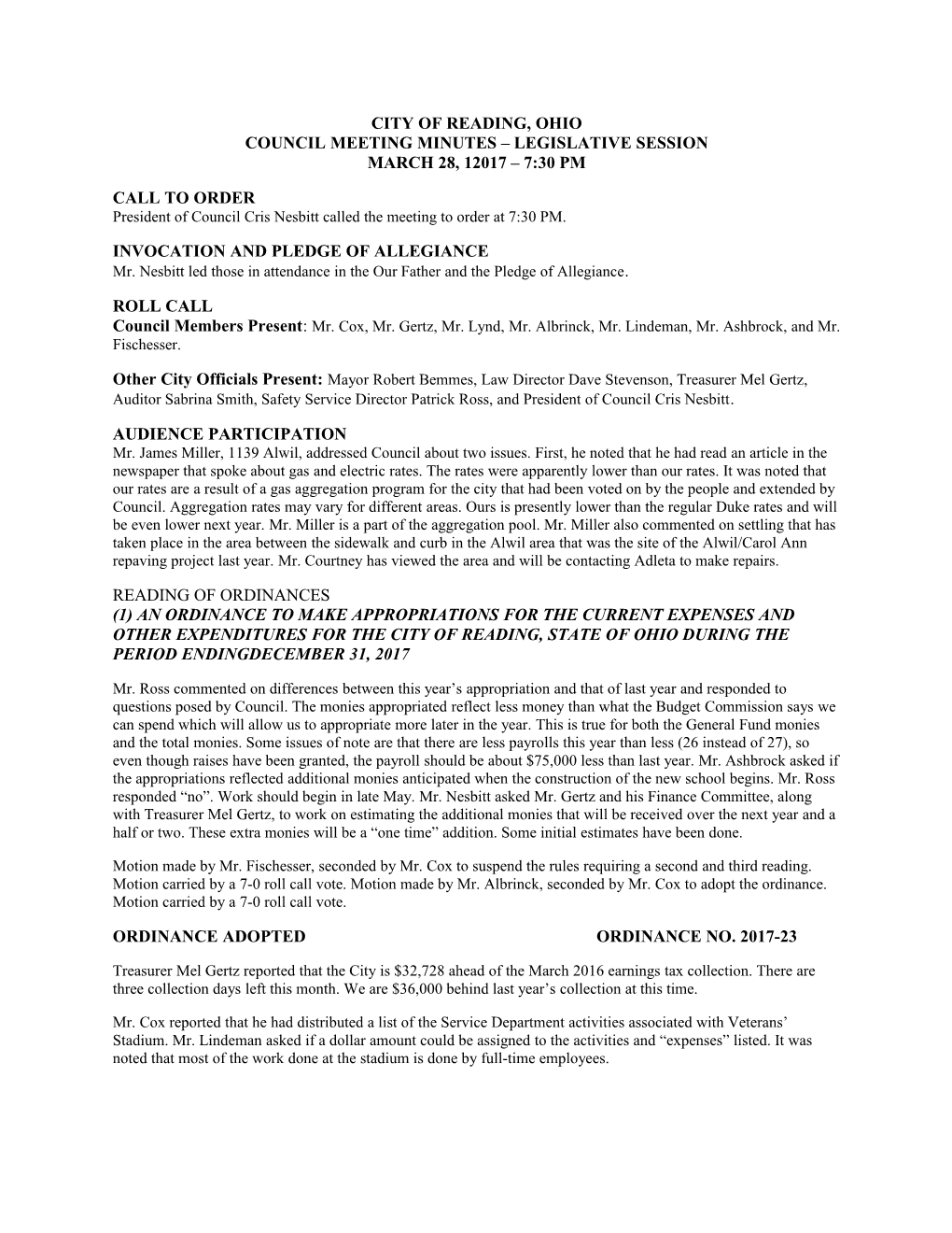 City of Reading, Ohio Council Meeting Minutes Legislative Session March 28, 12017 7:30 Pm