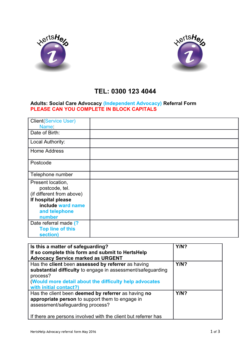 Adults:Social Care Advocacy (Independent Advocacy)Referral Form