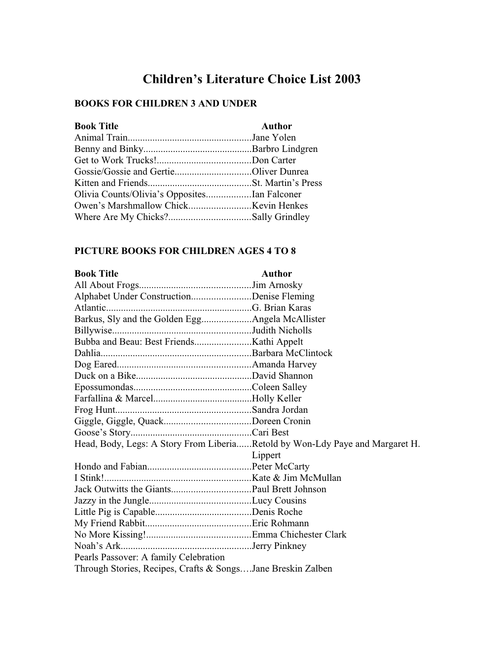 Children S Literature Choice List 2003