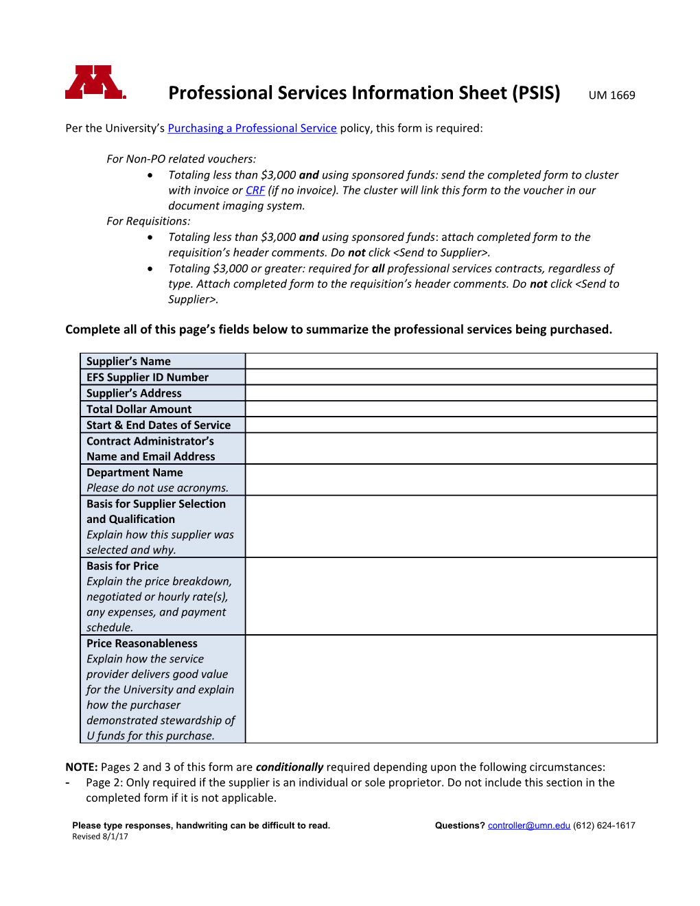 Professional Services Information Sheet (PSIS)