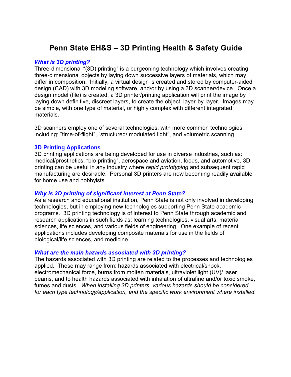 Penn State EHS 3D Printinghealth & Safety Guide
