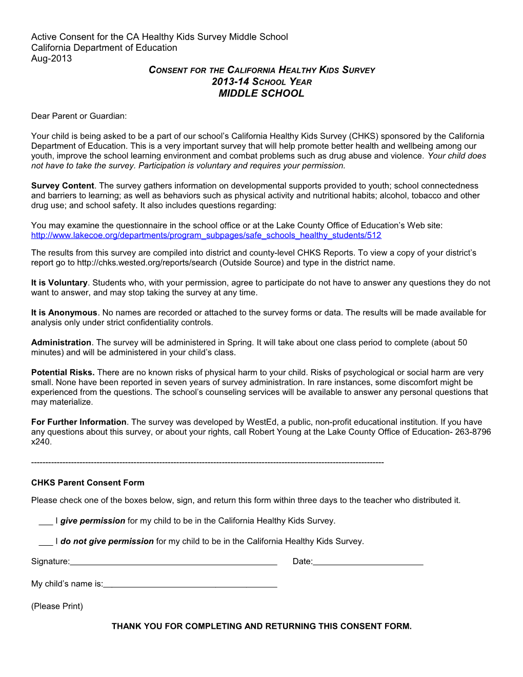 CHKS Active Consent Form Middle - Research (CA Dept of Education)