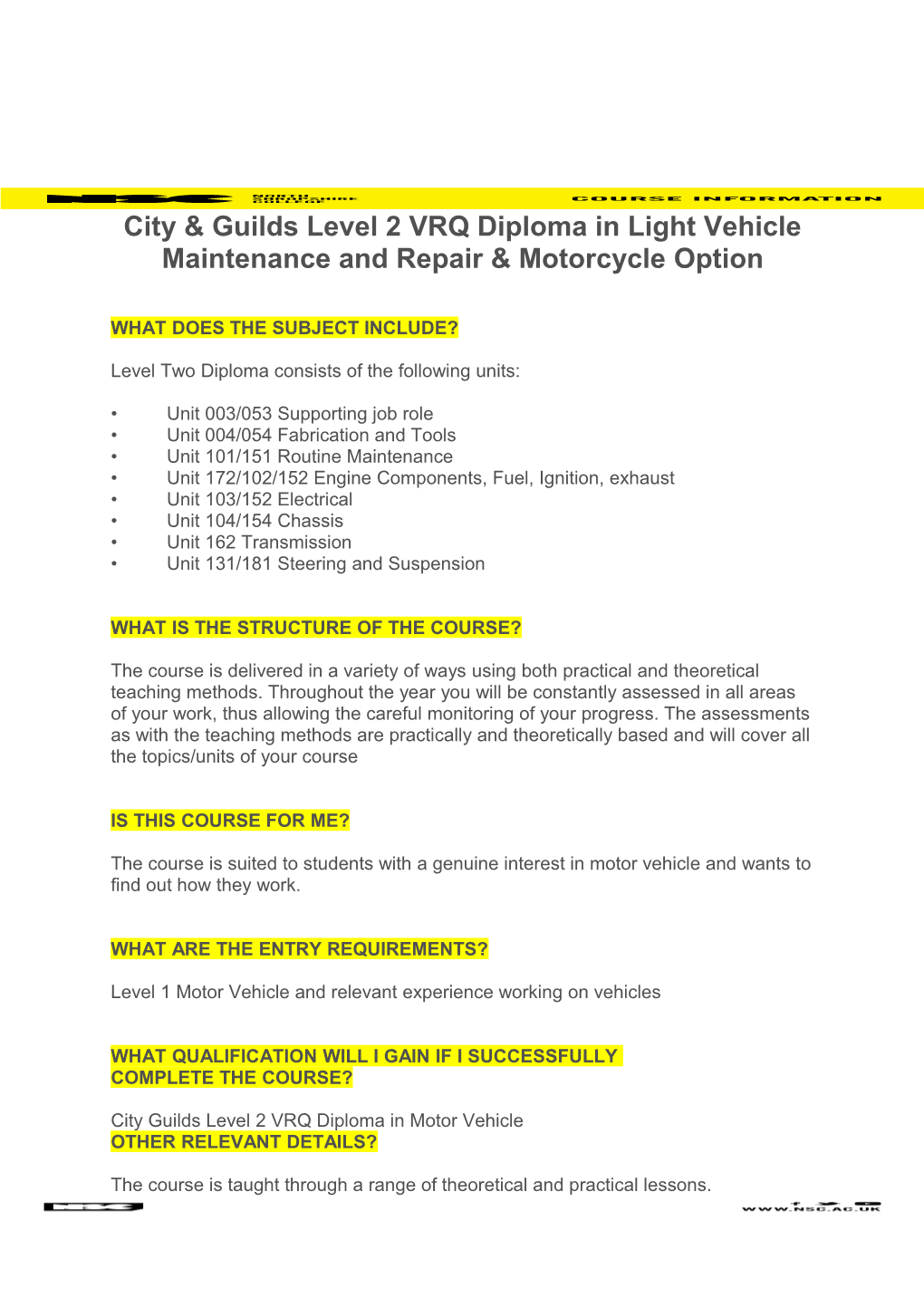 City & Guilds Level 2 VRQ Diploma in Light Vehicle Maintenance and Repair & Motorcycle Option