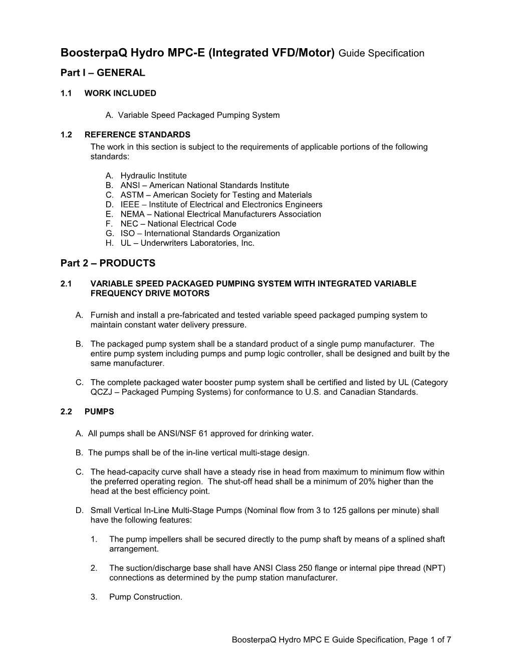 Boosterpaq Hydro MPC-E (Integrated VFD/Motor) Guide Specification