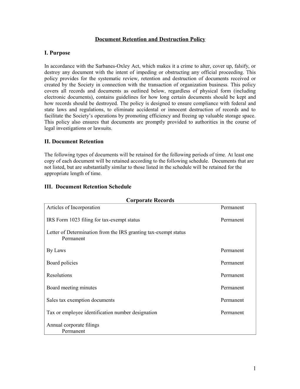 Document Retention Schedule