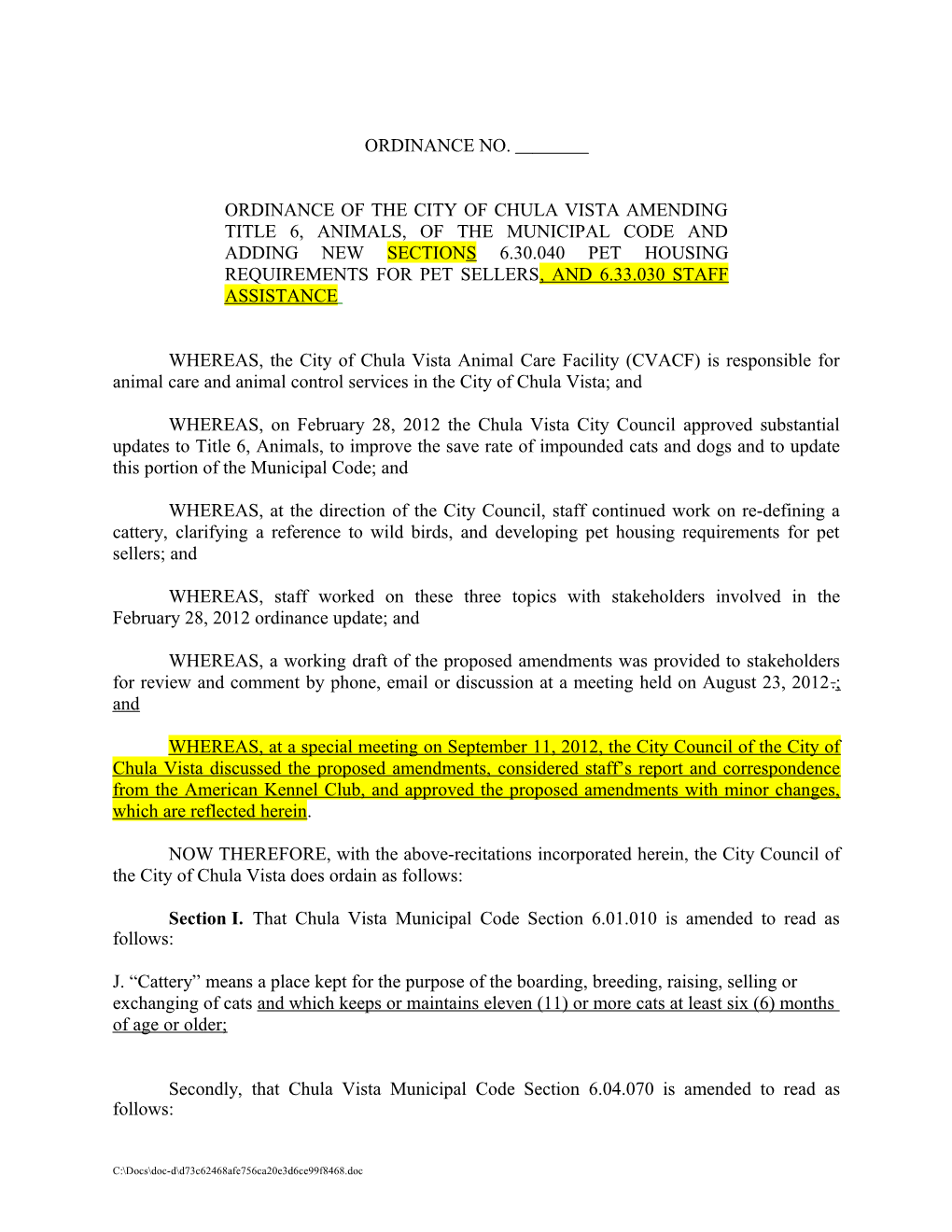 Ordinance of the City of Chula Vista Amending Title 6, Animals, of the Municipal Code And