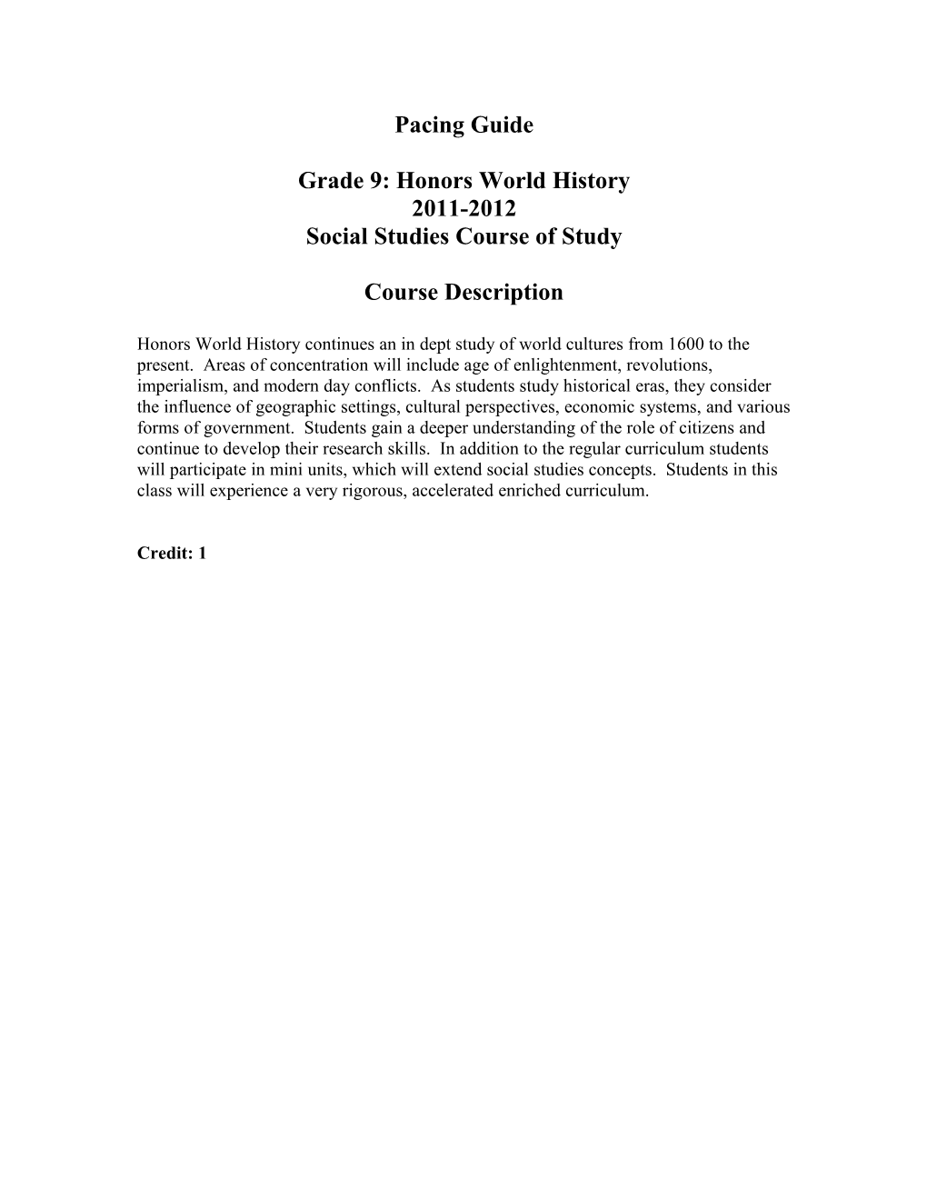 Grade 9: Honors World History