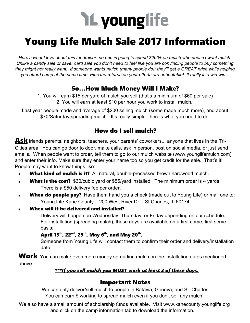 Young Life Mulch Sale 2017 Information