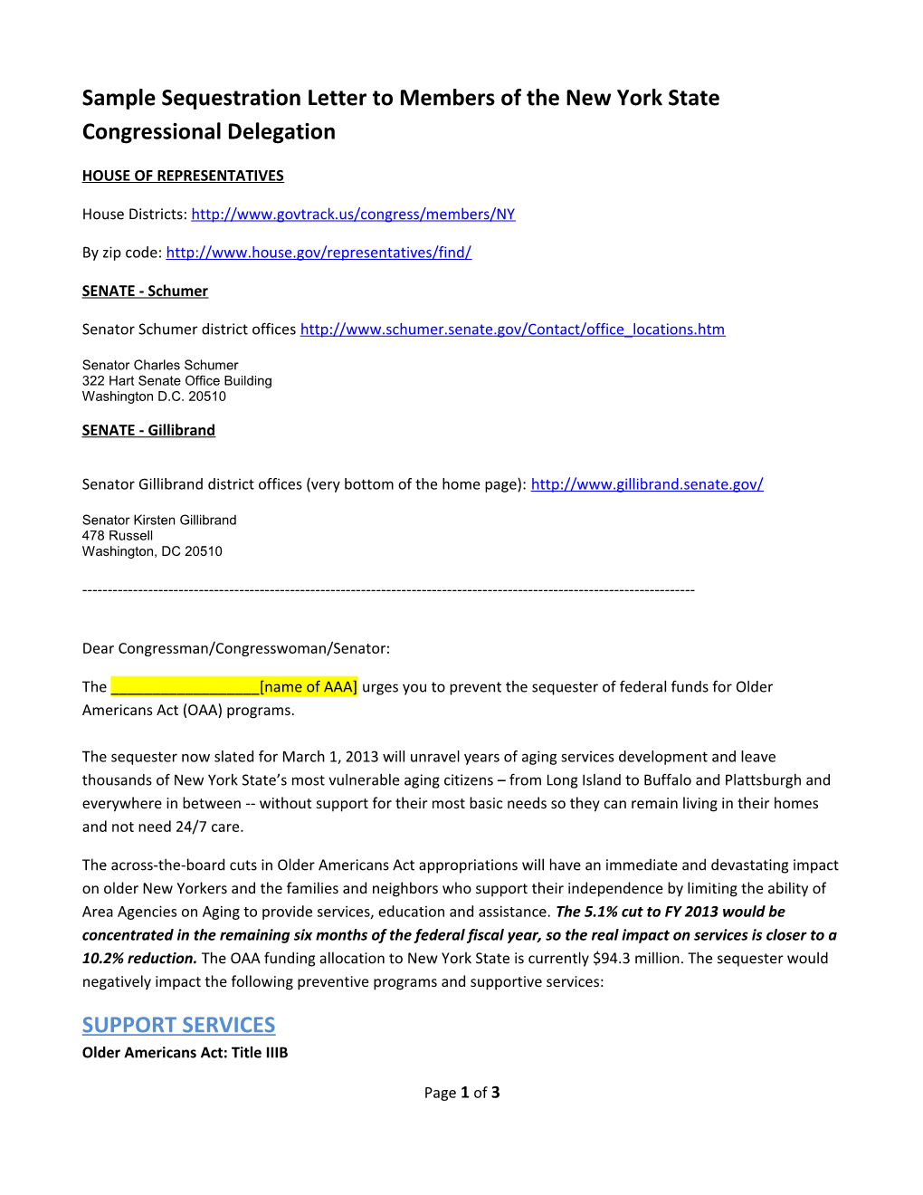 Sample Sequestration Letter to Members of the New York State Congressional Delegation