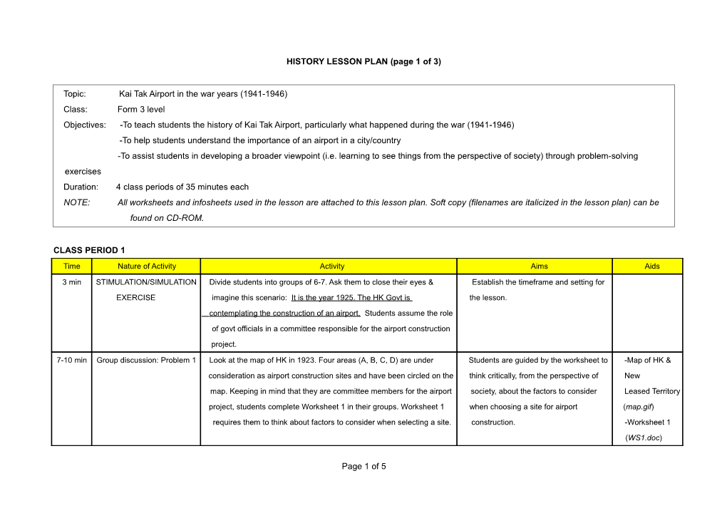 HISTORY LESSON PLAN (Page 1 of 3)