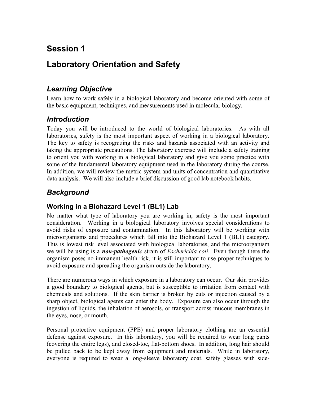 Laboratory Orientation and Safety