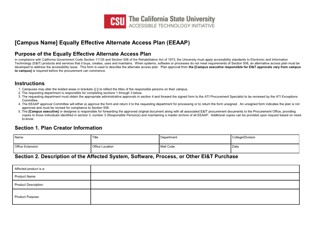Campus Name Equally Effective Alternate Access Plan (EEAAP)