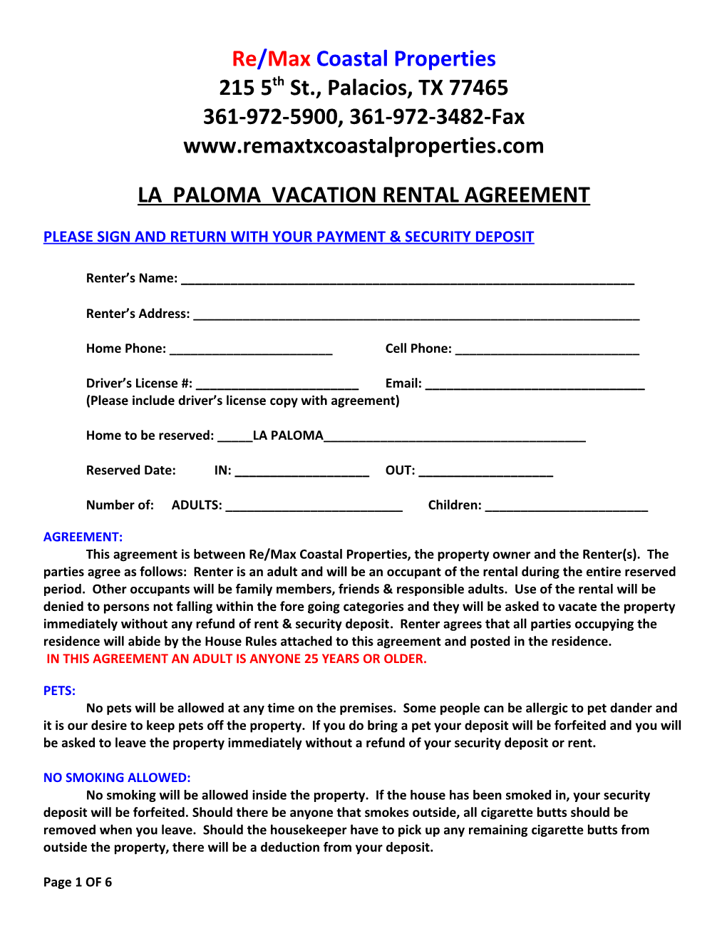 La Paloma Vacation Rental Agreement