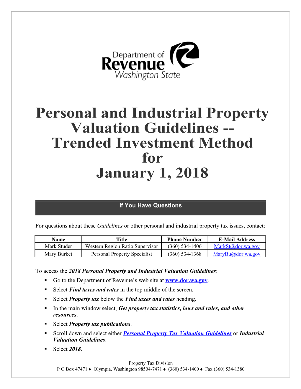Personal and Industrial Property Valuation Guidelines - Trended Investment Method REV 64 0104
