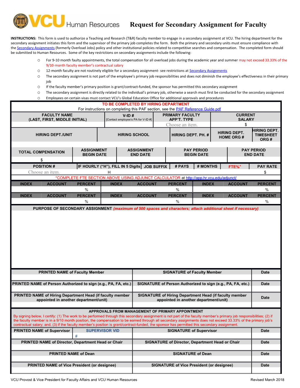 Request for Secondary Assignment for Faculty