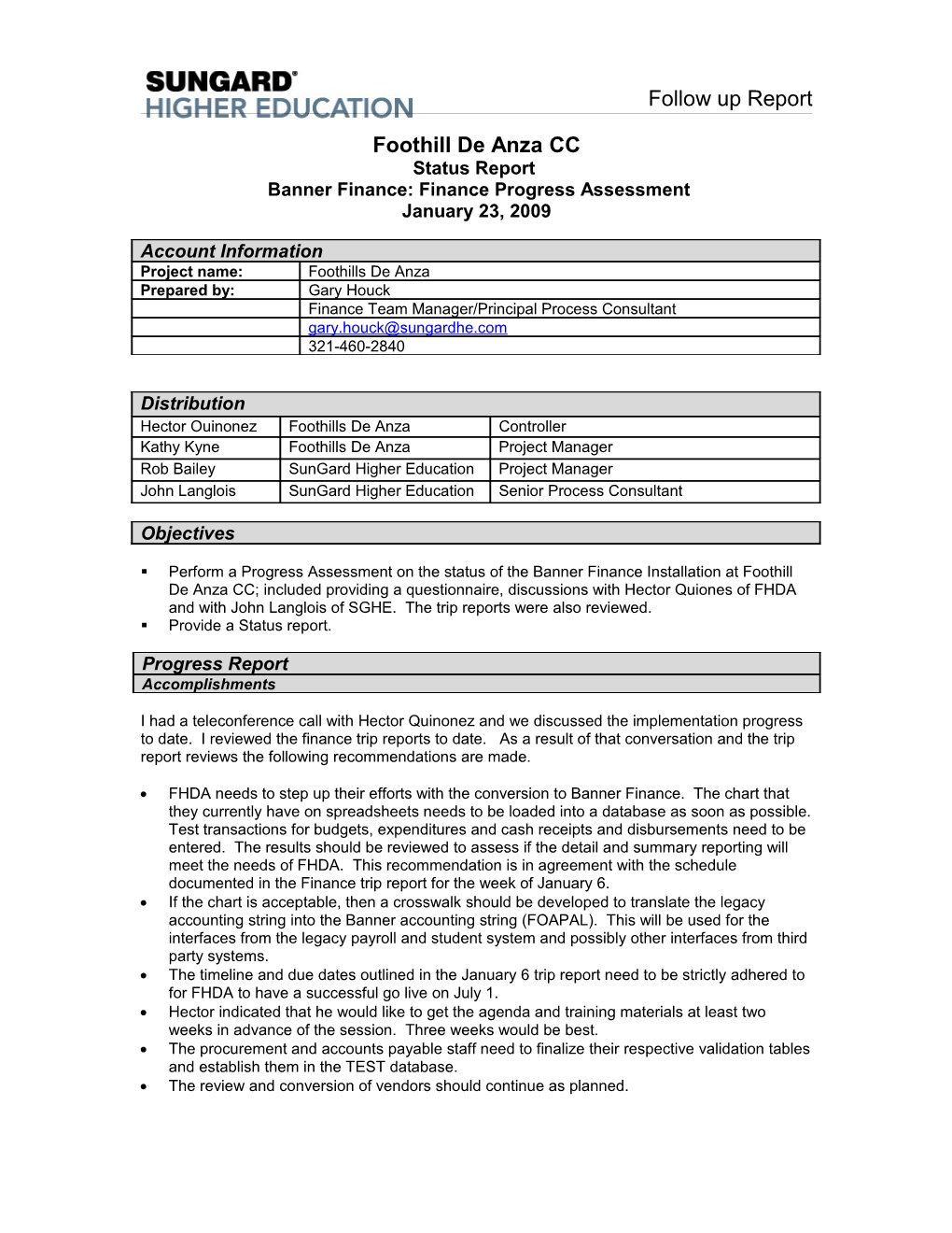 Banner Finance: Finance Progress Assessment