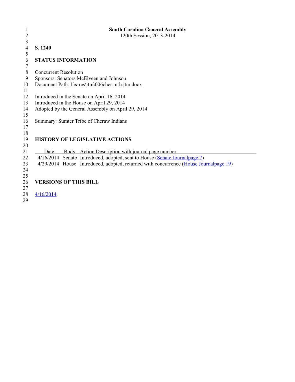 2013-2014 Bill 1240: Sumter Tribe of Cheraw Indians - South Carolina Legislature Online