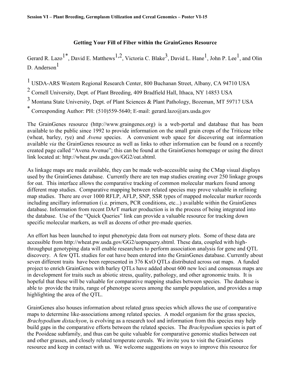 Session VI Plant Breeding, Germplasm Utilization and Cereal Genomics Poster VI-15